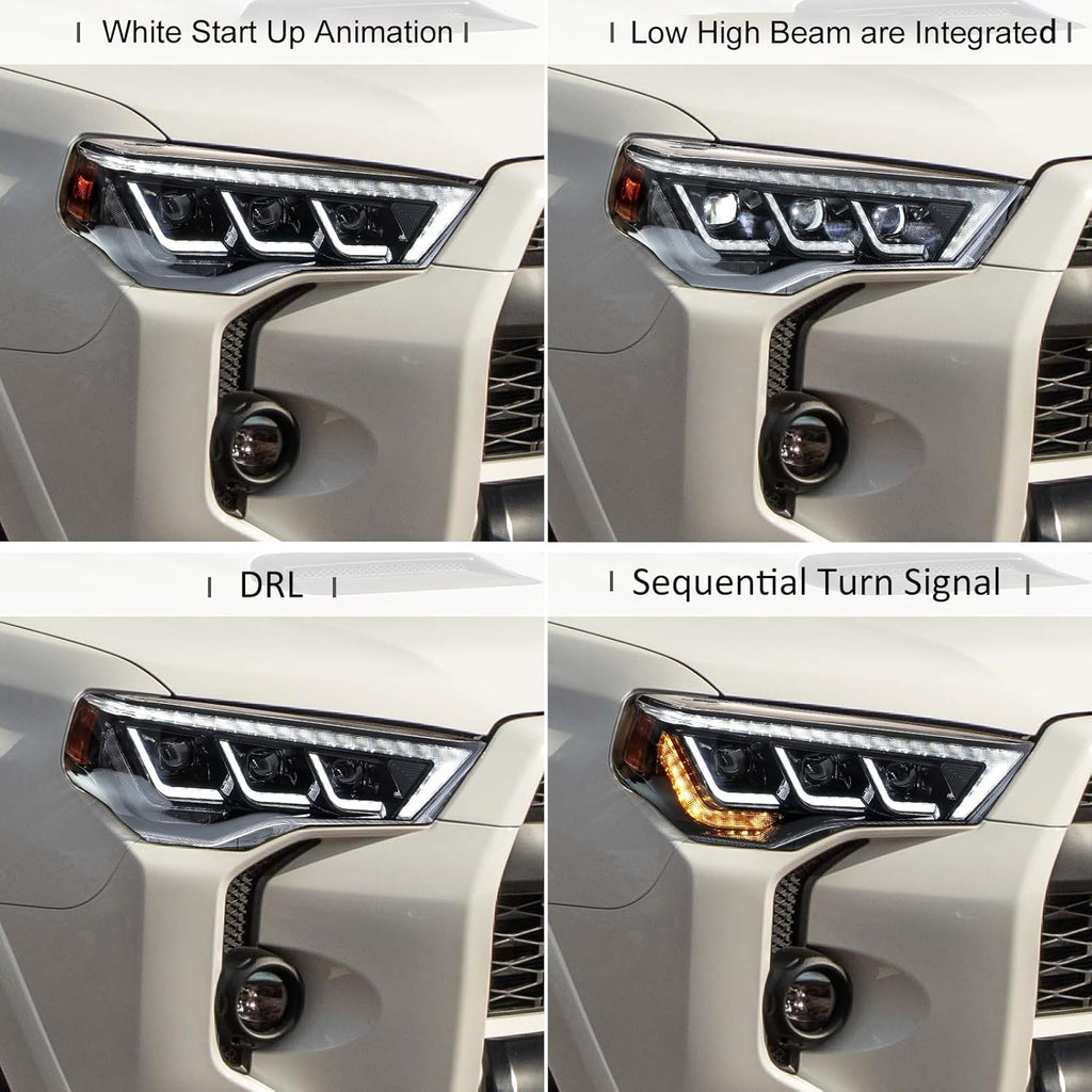 2014–2024 Toyota 4Runner LED Triple Headlights Assembly with Sequential Turn Signals & Start-up Animation (Pair)