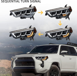 2014–2024 Toyota 4Runner LED Triple Headlights Assembly with Sequential Turn Signals & Start-up Animation (Pair)