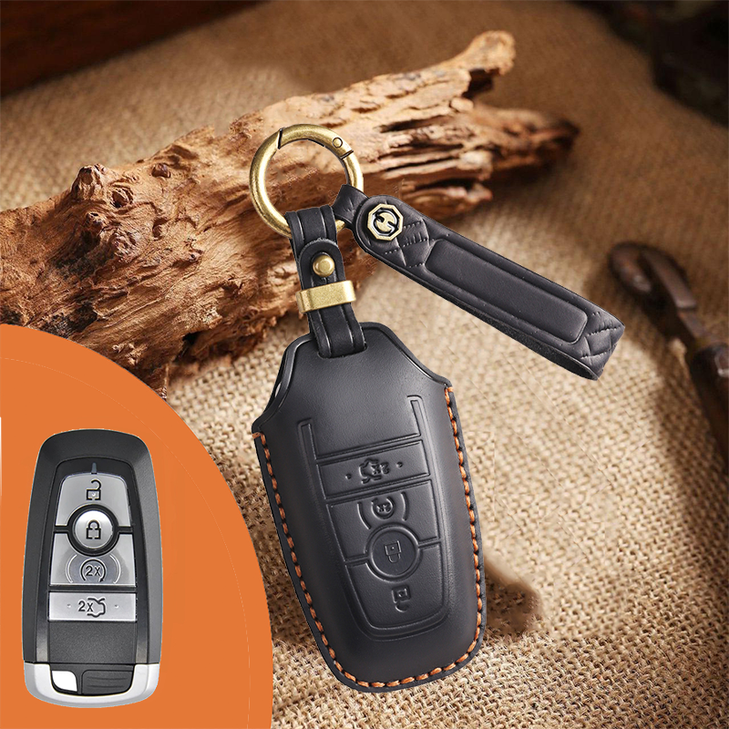 Genuine Leather Key Fob Case for Ford & Lincoln – 3-5 Button Car Key Pouch with Key Ring & Hook