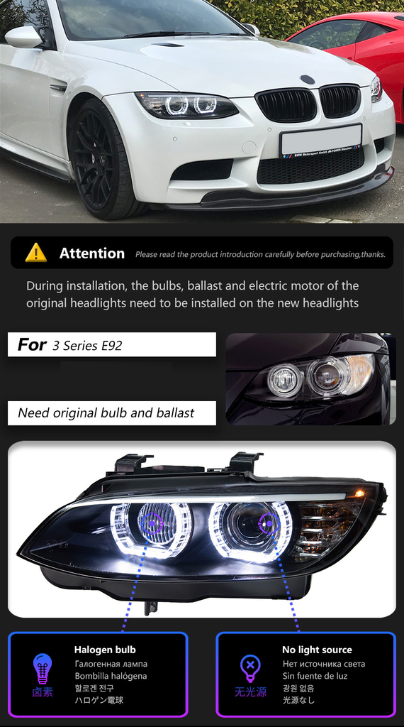 LED DTM Halo Headlights for BMW E92/E93 3 Series 2007–2010 328i 330i 335i M3 Coupe