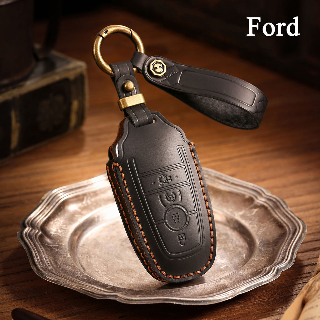 Genuine Leather Key Fob Case Compatible with Ford Focus, Fusion, Explorer, Escape, Edge, Mustang, F-150 to F-550