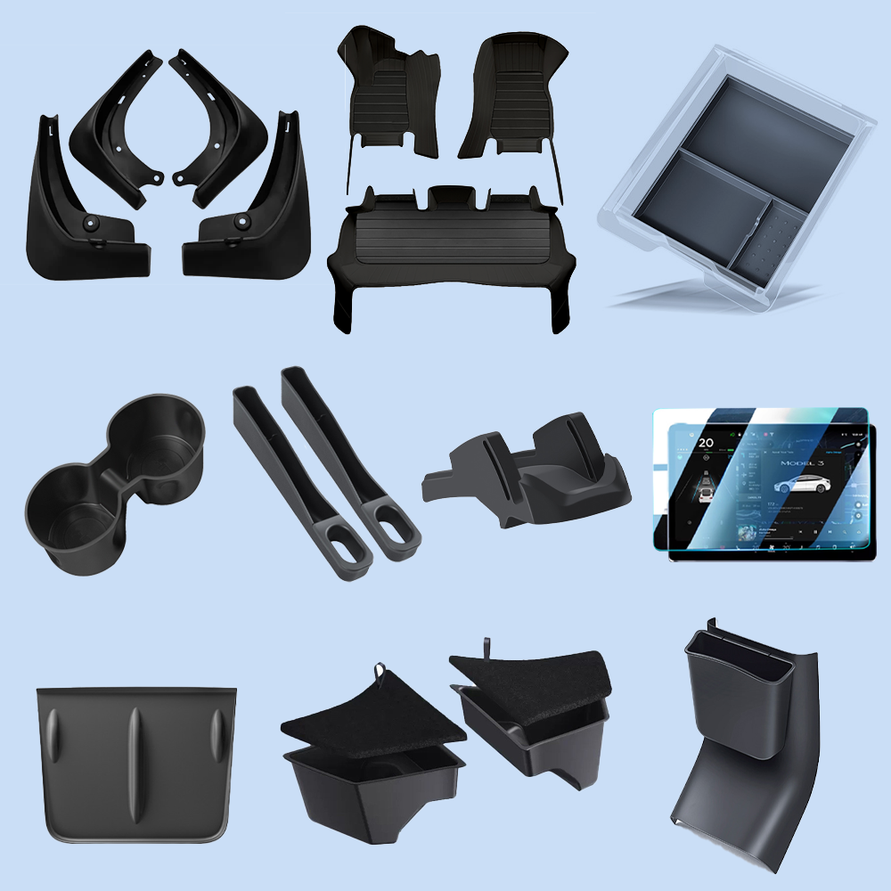 Tesla Model 3/Y Custom Storage Organizer 10-Piece Set - Highland/Juniper Floor Mats+Trunk Bucket+Phone Holder