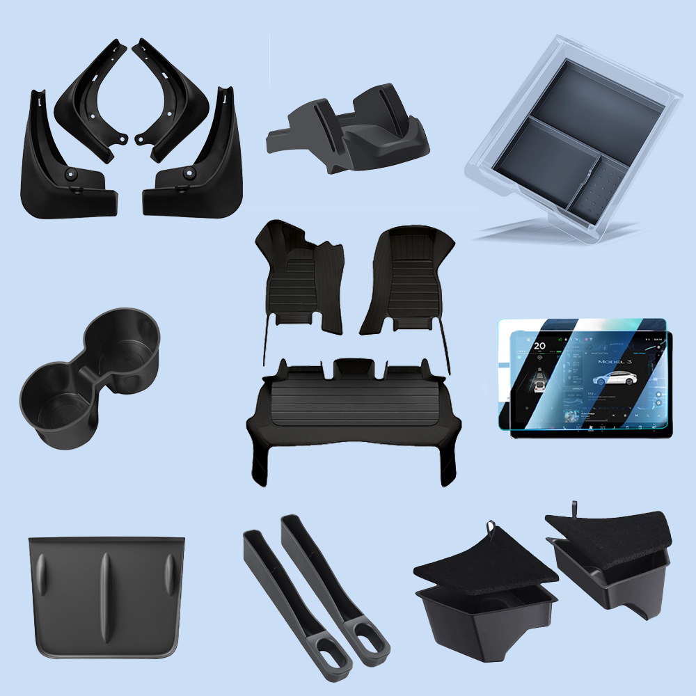 Tesla Model 3/Y Custom Storage Organizer 10-Piece Set - Highland/Juniper Floor Mats+Trunk Bucket+Phone Holder