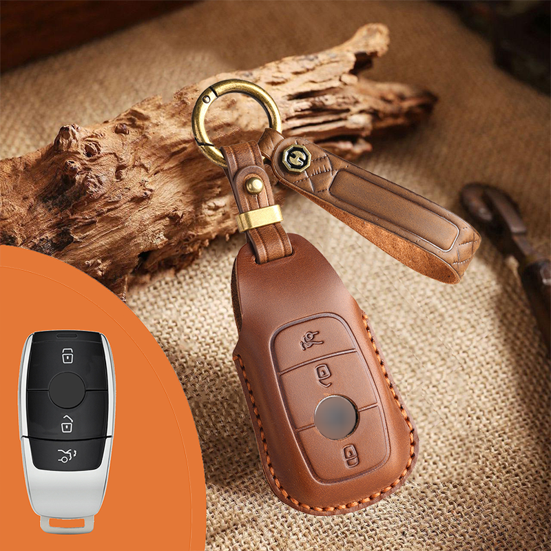 Mercedes-Benz Leather Key Fob Cover with Keychain – Full Protection for AMG, C, E, M, S, CLS, CLA, GLK, GLA, GLC, GLE Smart Key