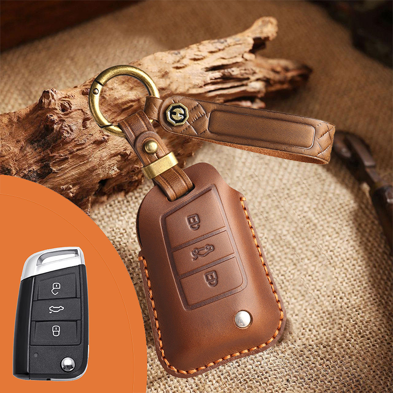 Genuine Leather Key Fob Cover for Volkswagen & Skoda – 3-5 Button Flip Key Pouch with Key Ring & Hook