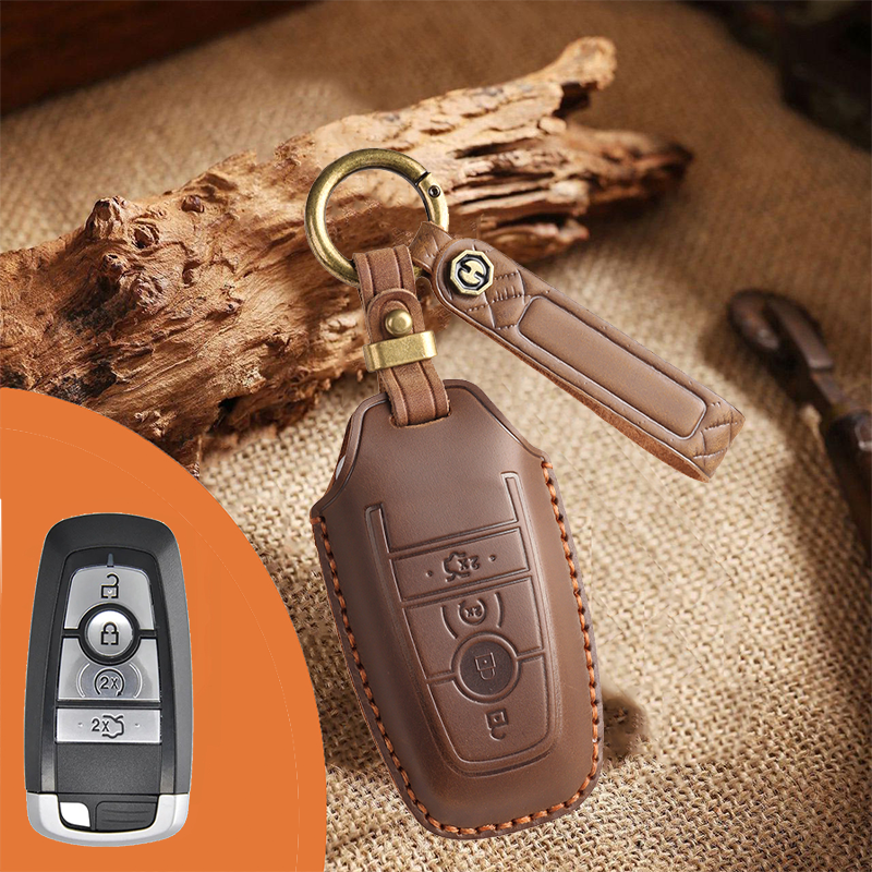 Genuine Leather Key Fob Case for Ford & Lincoln – 3-5 Button Car Key Pouch with Key Ring & Hook