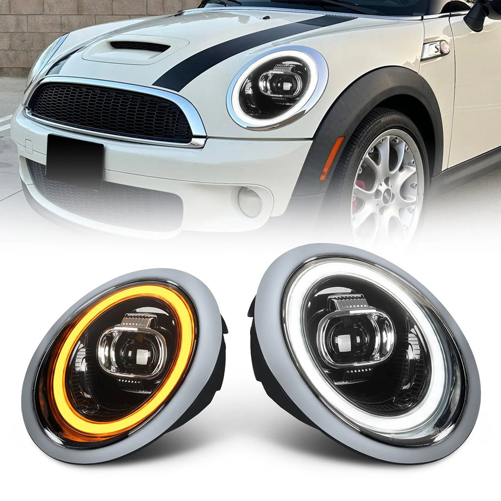 Compatible LED Projector Headlights for Mini Cooper R50 R52 R53 2001–2007 with Sequential Turn Signals and Dynamic DRL