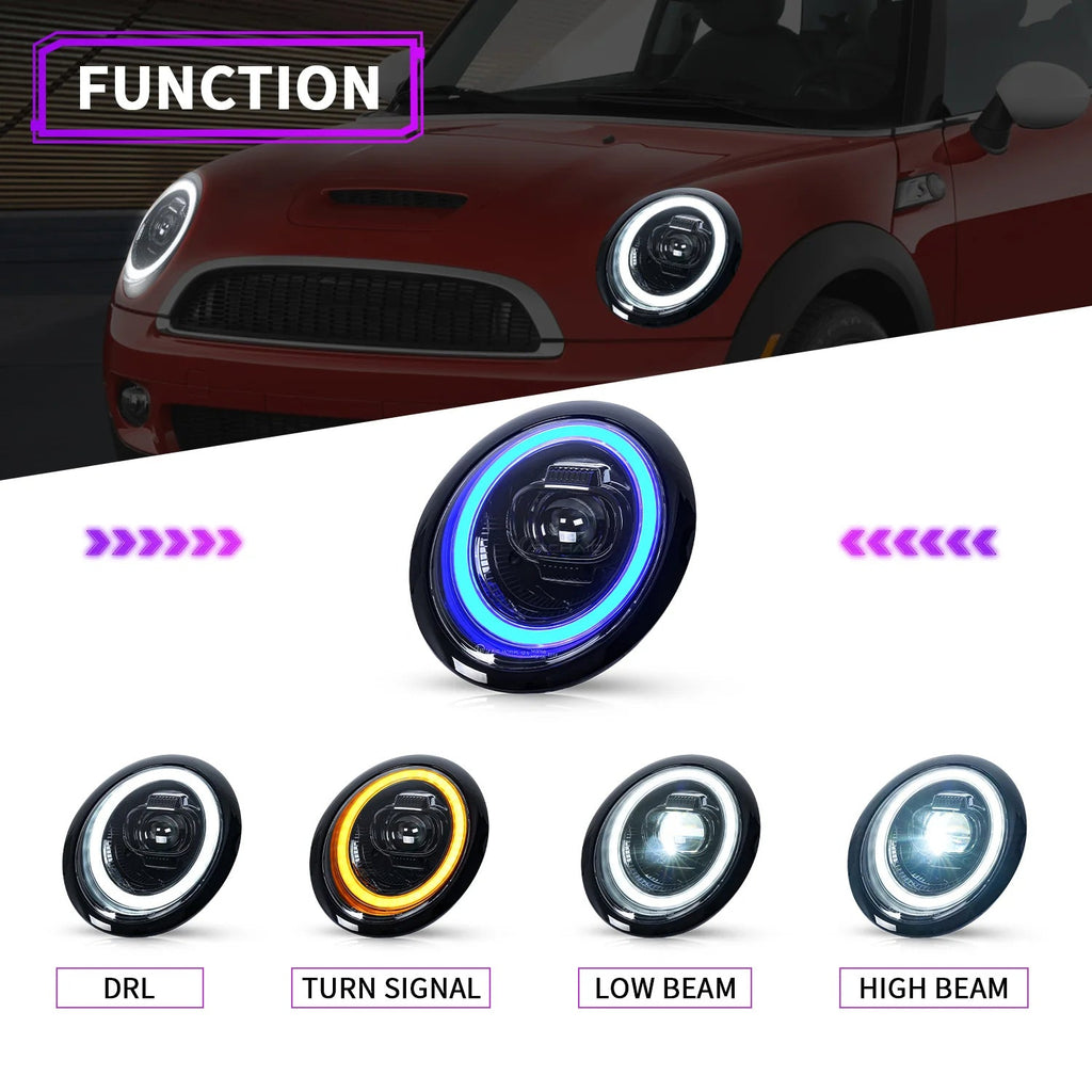 Compatible LED Projector Headlights for Mini Cooper R50 R52 R53 2001–2007 with Sequential Turn Signals and Dynamic DRL