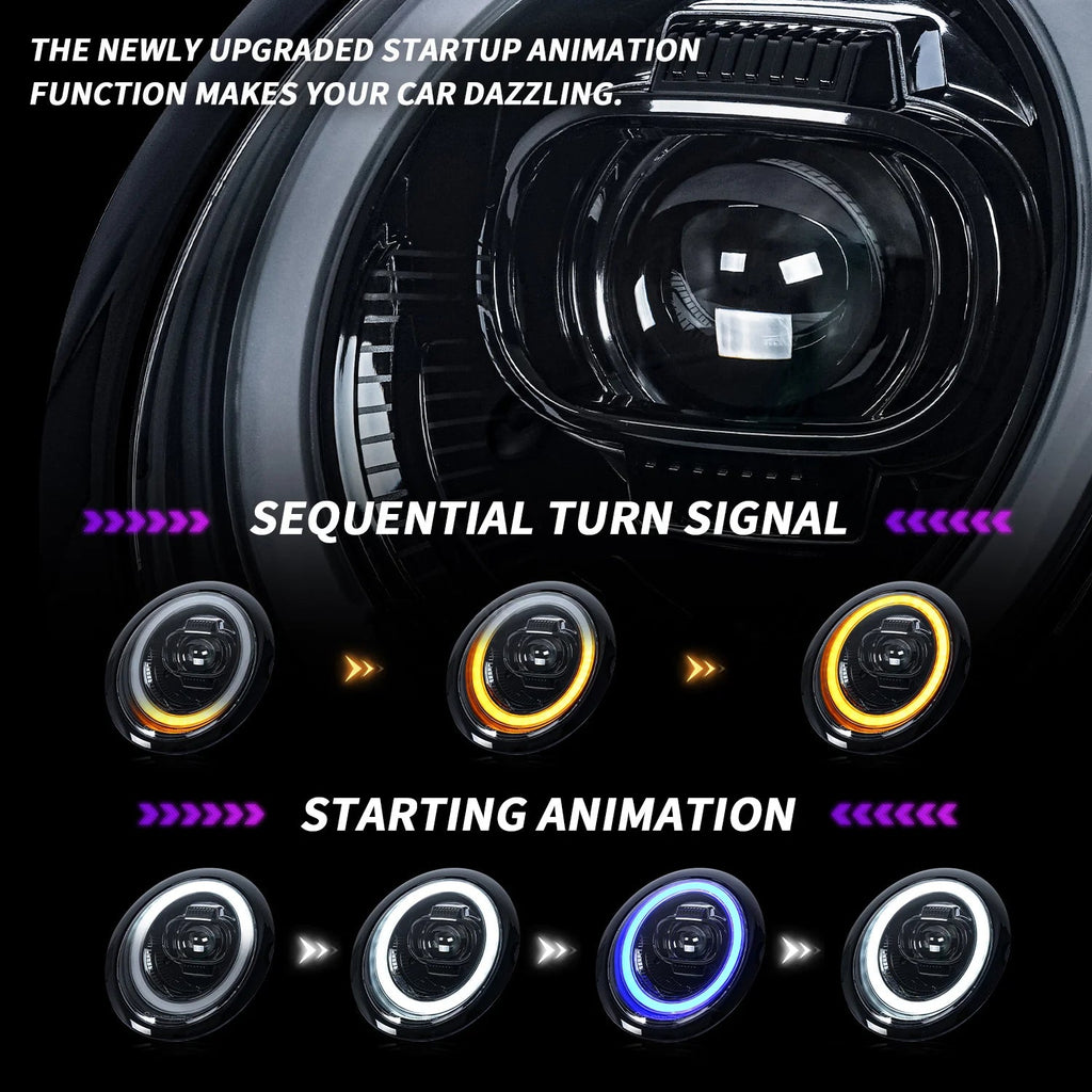 Compatible LED Projector Headlights for Mini Cooper R50 R52 R53 2001–2007 with Sequential Turn Signals and Dynamic DRL
