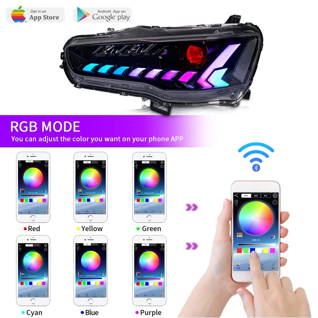 Mitsubishi Lancer EVO X 2008–2024 LED Headlights Assembly, RGB DRL, Sequential Turn Signals, Plug & Play