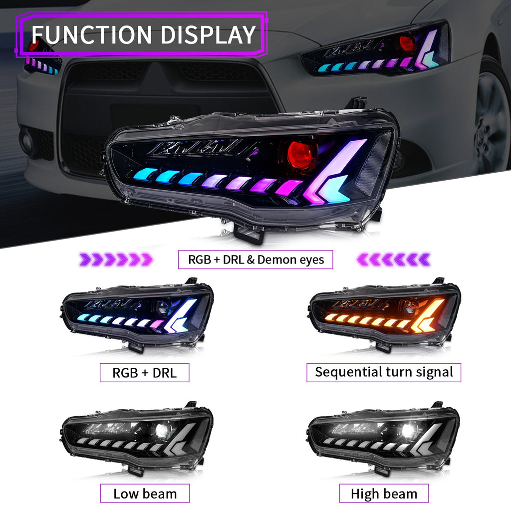 Mitsubishi Lancer EVO X 2008–2024 LED Headlights Assembly, RGB DRL, Sequential Turn Signals, Plug & Play