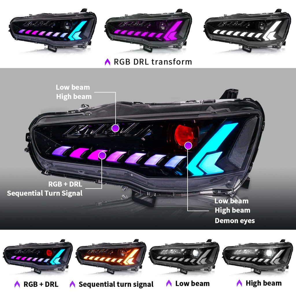 Mitsubishi Lancer EVO X 2008–2024 LED Headlights Assembly, RGB DRL, Sequential Turn Signals, Plug & Play