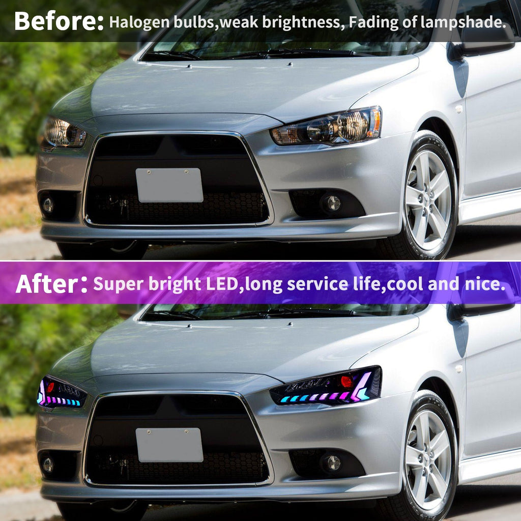Mitsubishi Lancer EVO X 2008–2024 LED Headlights Assembly, RGB DRL, Sequential Turn Signals, Plug & Play