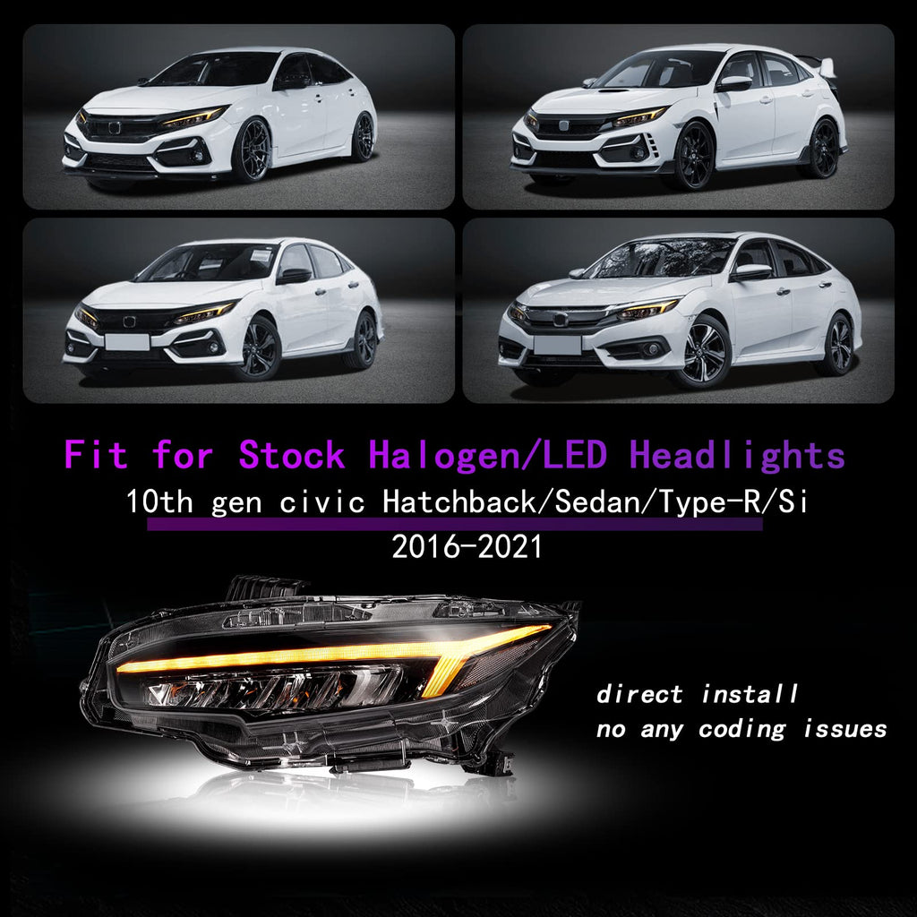 LED Headlights for 2016–2021 Honda Civic 10th Gen Sedan/Coupe/Hatchback – Sequential Turn Signal, Full LED Assembly, Fits EX/LX/Sport/Touring/Si/Type R
