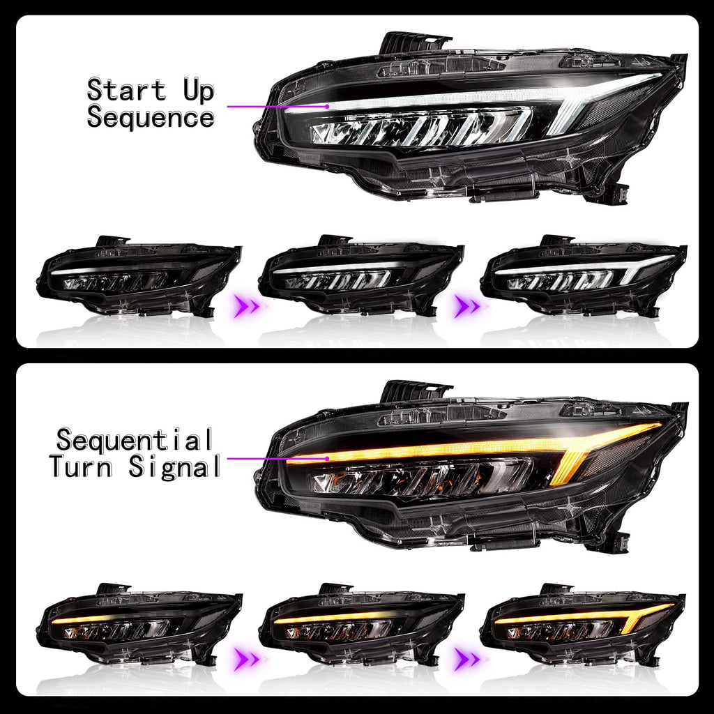 LED Headlights for 2016–2021 Honda Civic 10th Gen Sedan/Coupe/Hatchback – Sequential Turn Signal, Full LED Assembly, Fits EX/LX/Sport/Touring/Si/Type R