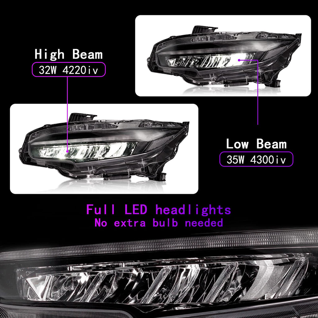 LED Headlights for 2016–2021 Honda Civic 10th Gen Sedan/Coupe/Hatchback – Sequential Turn Signal, Full LED Assembly, Fits EX/LX/Sport/Touring/Si/Type R