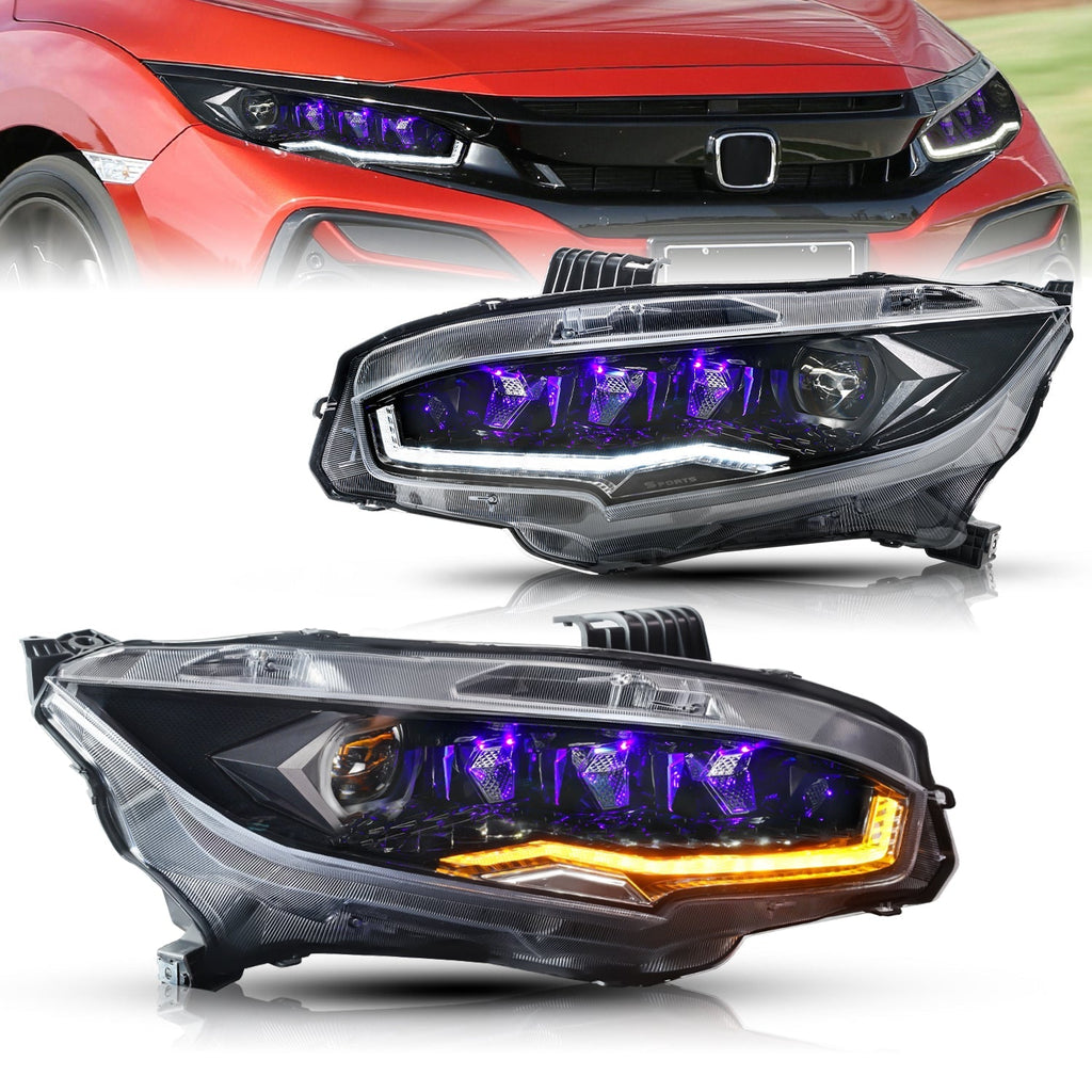 Diamond Lens Rotating LED headlights for Honda Civic 2016-2021 10th Gen Projector Front Lamp Assembly (Pair)