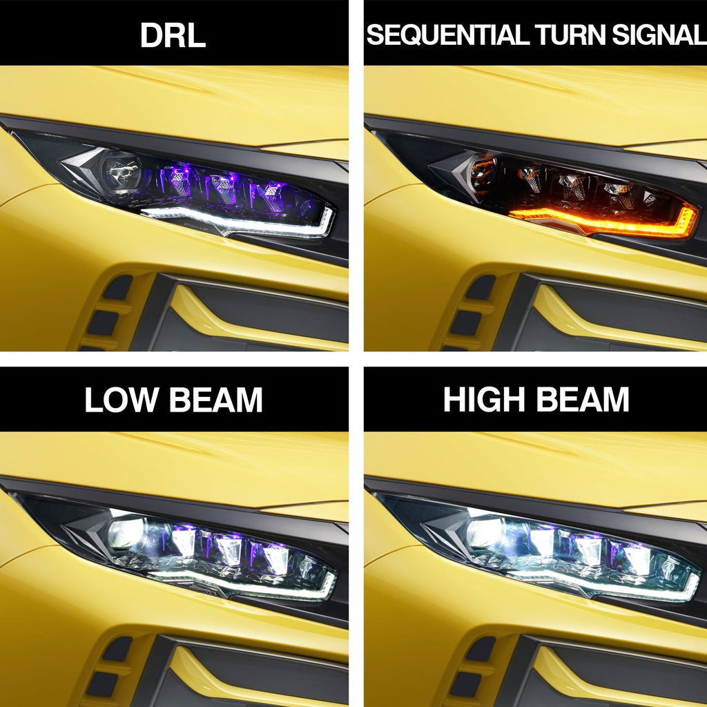 Diamond Lens Rotating LED headlights for Honda Civic 2016-2021 10th Gen Projector Front Lamp Assembly (Pair)