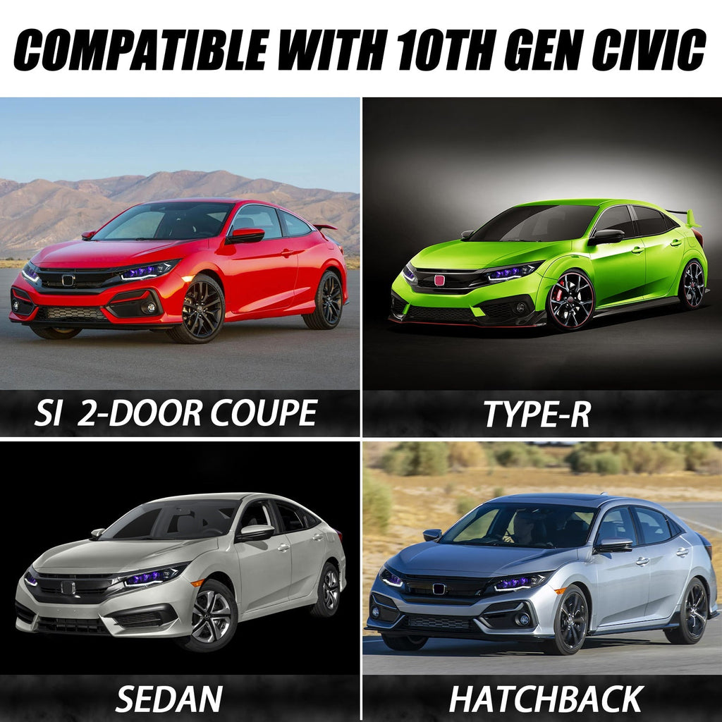 Diamond Lens Rotating LED headlights for Honda Civic 2016-2021 10th Gen Projector Front Lamp Assembly (Pair)