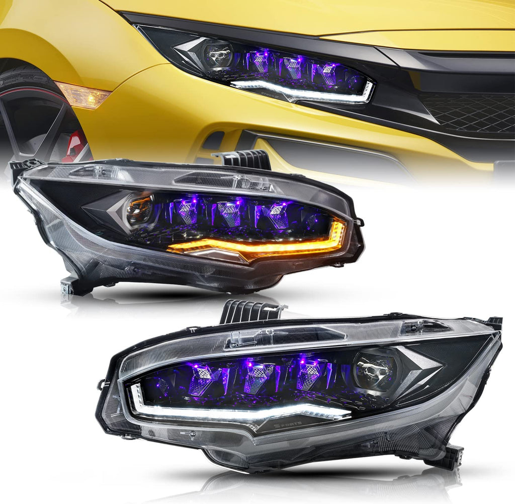 Diamond Lens Rotating LED headlights for Honda Civic 2016-2021 10th Gen Projector Front Lamp Assembly (Pair)