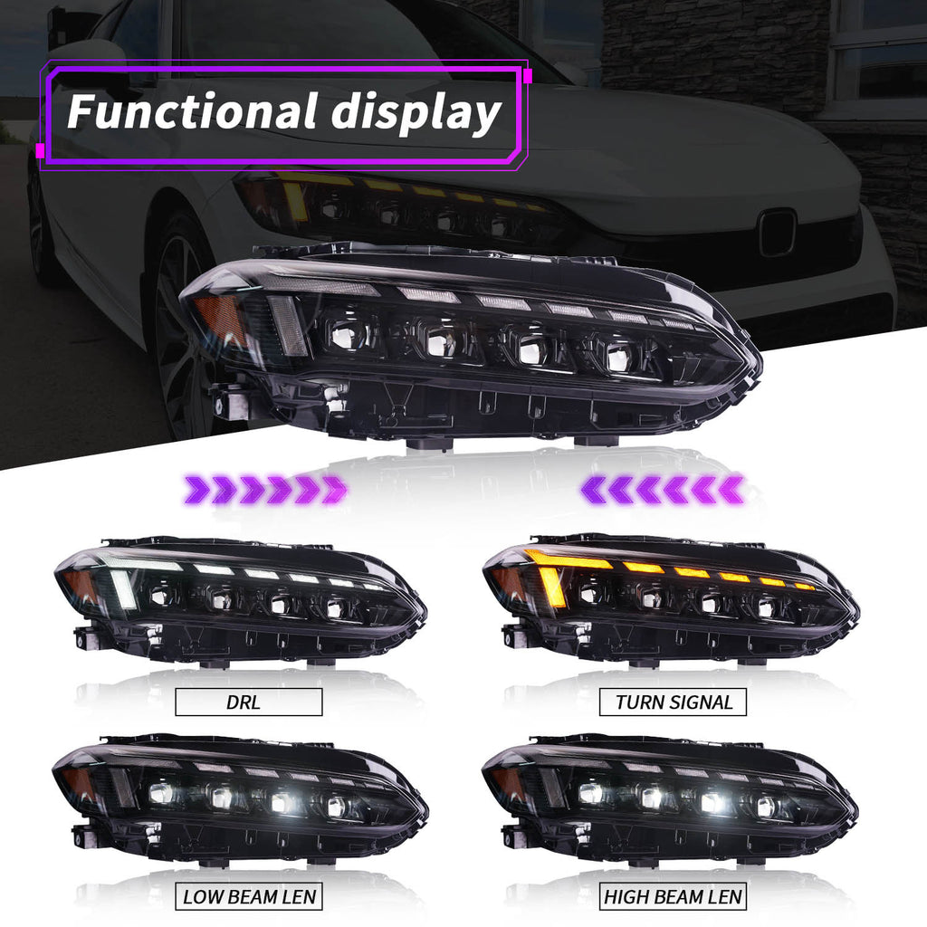For 2022–2025 Honda Civic LED Headlights – 11th Gen Projector Front Lamp Assembly (Pair)