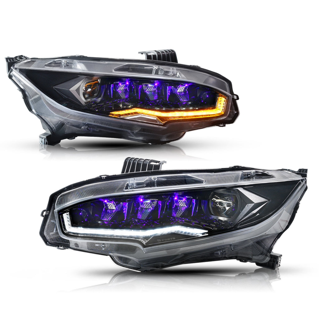 Diamond Lens Rotating LED headlights for Honda Civic 2016-2021 10th Gen Projector Front Lamp Assembly (Pair)