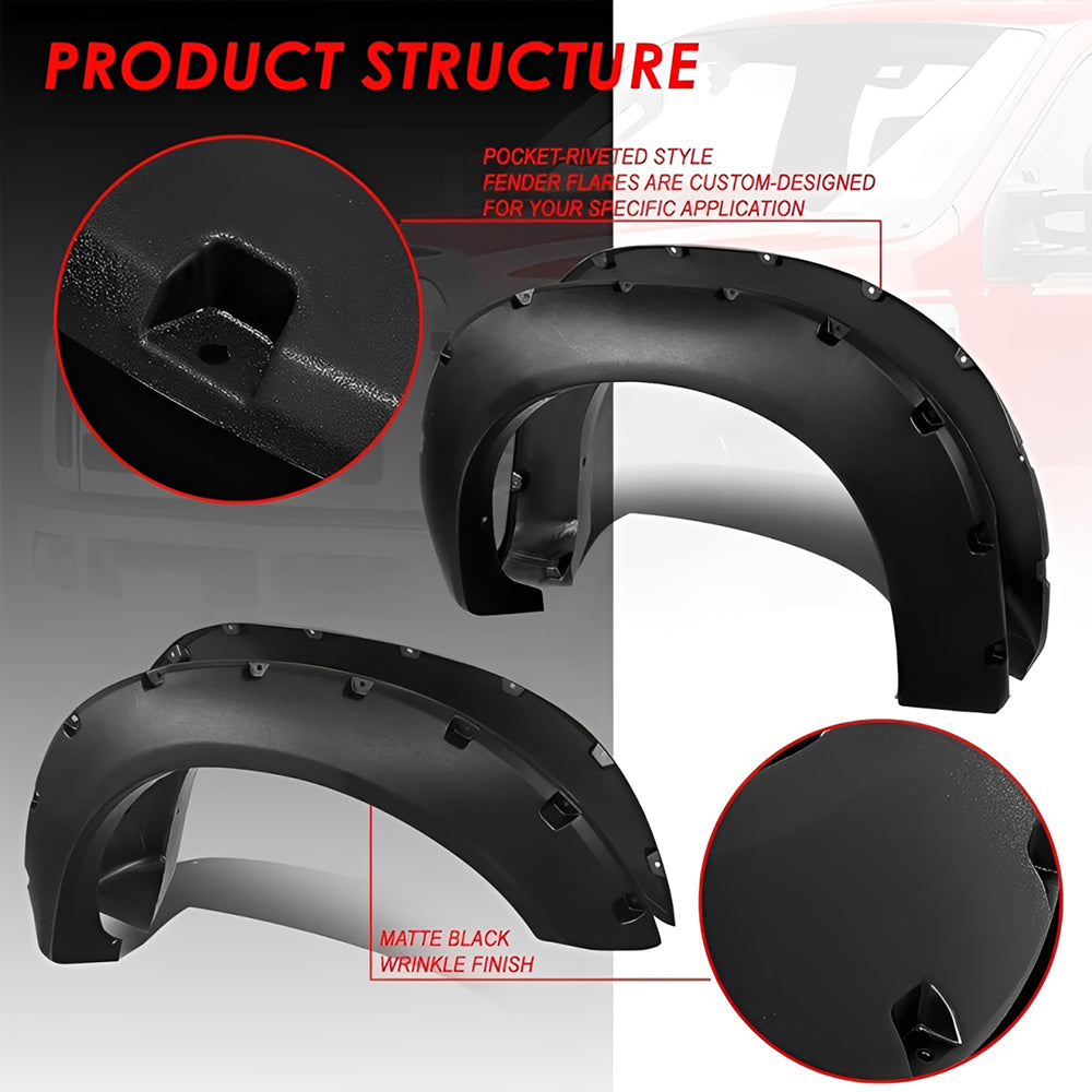 Fender Flares 4PCS Front & Rear Wheel Arch for 2007–2026 Toyota Tundra – Pocket-Riveted Matte Black