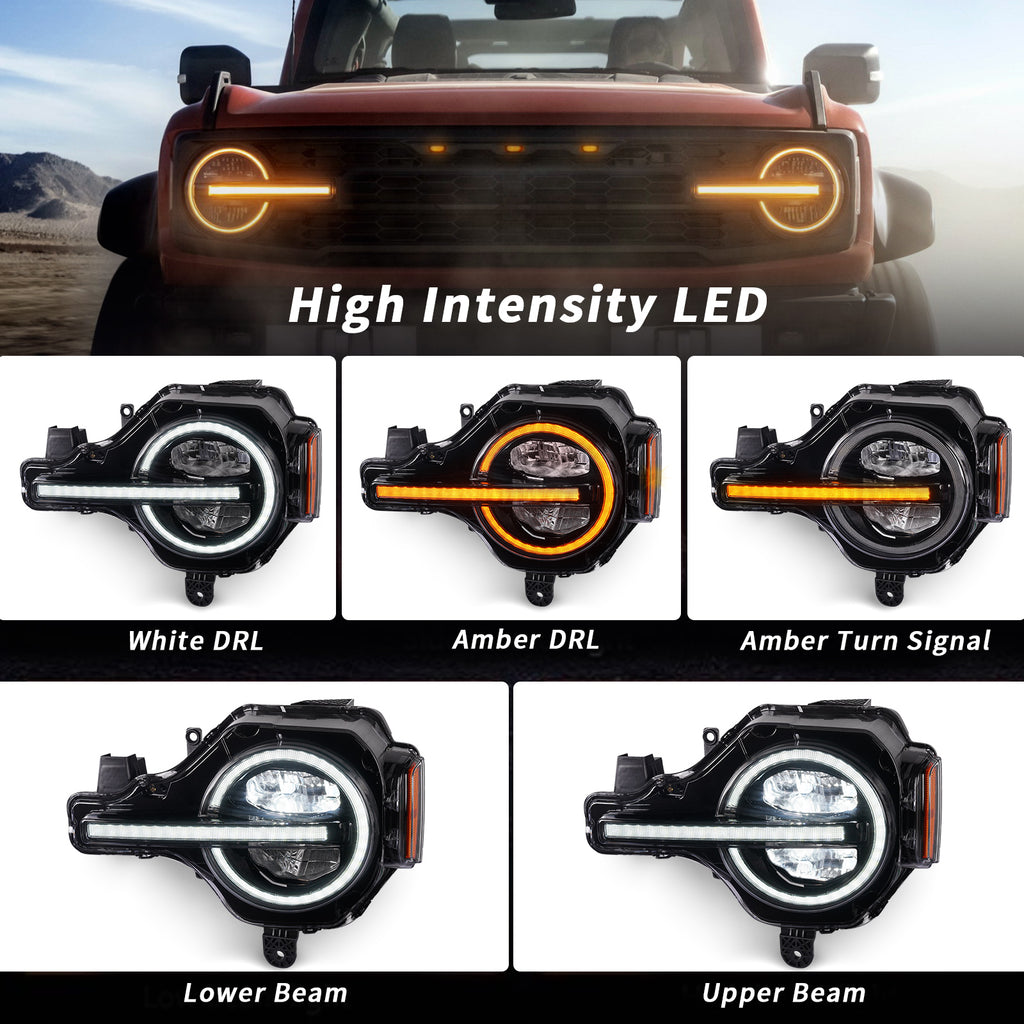 For Ford Bronco LED Projector Headlights 2021–2025 Fits All Trim Levels and Raptor 2/4 Door Pair