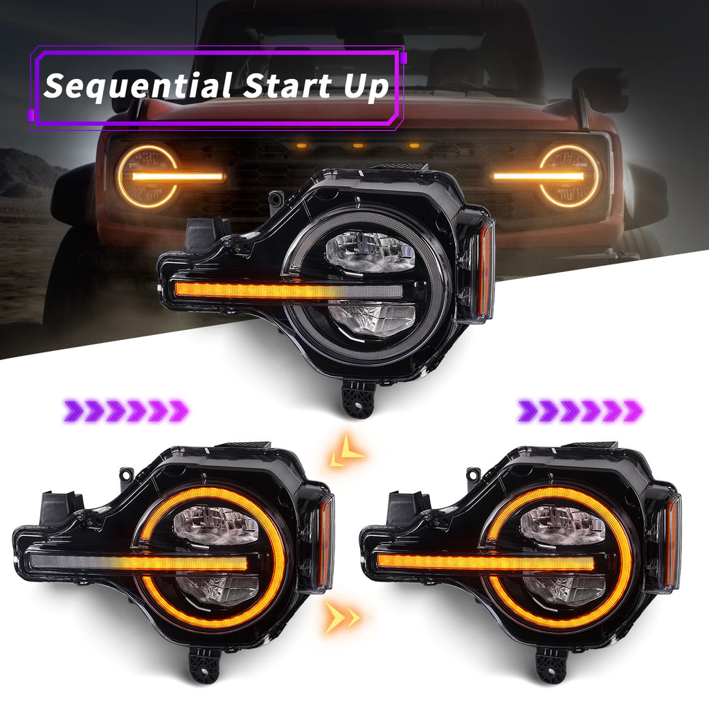 For Ford Bronco LED Projector Headlights 2021–2025 Fits All Trim Levels and Raptor 2/4 Door Pair