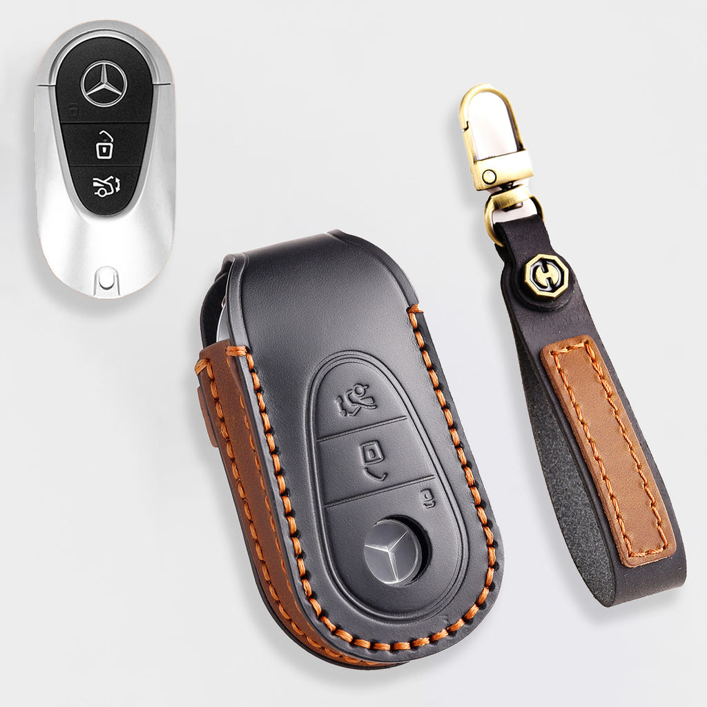 Genuine Leather Key Fob Cover for Mercedes-Benz C-Class, G-Class, E-Class, GLK, R350, GL, and GLC Models
