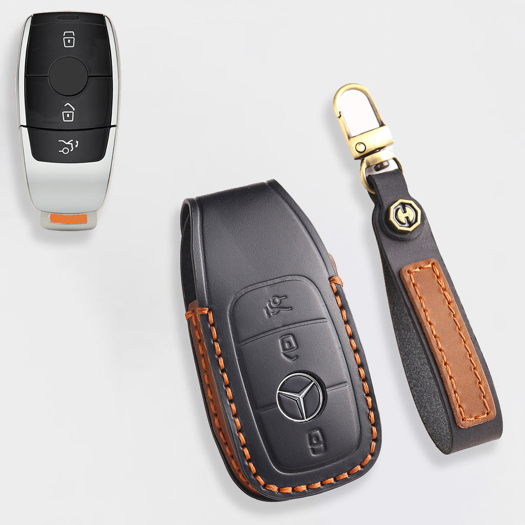 Genuine Leather Key Fob Cover for Mercedes-Benz C-Class, G-Class, E-Class, GLK, R350, GL, and GLC Models
