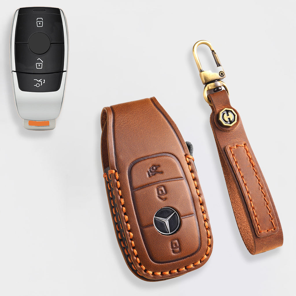 Genuine Leather Key Fob Cover for Mercedes-Benz C-Class, G-Class, E-Class, GLK, R350, GL, and GLC Models