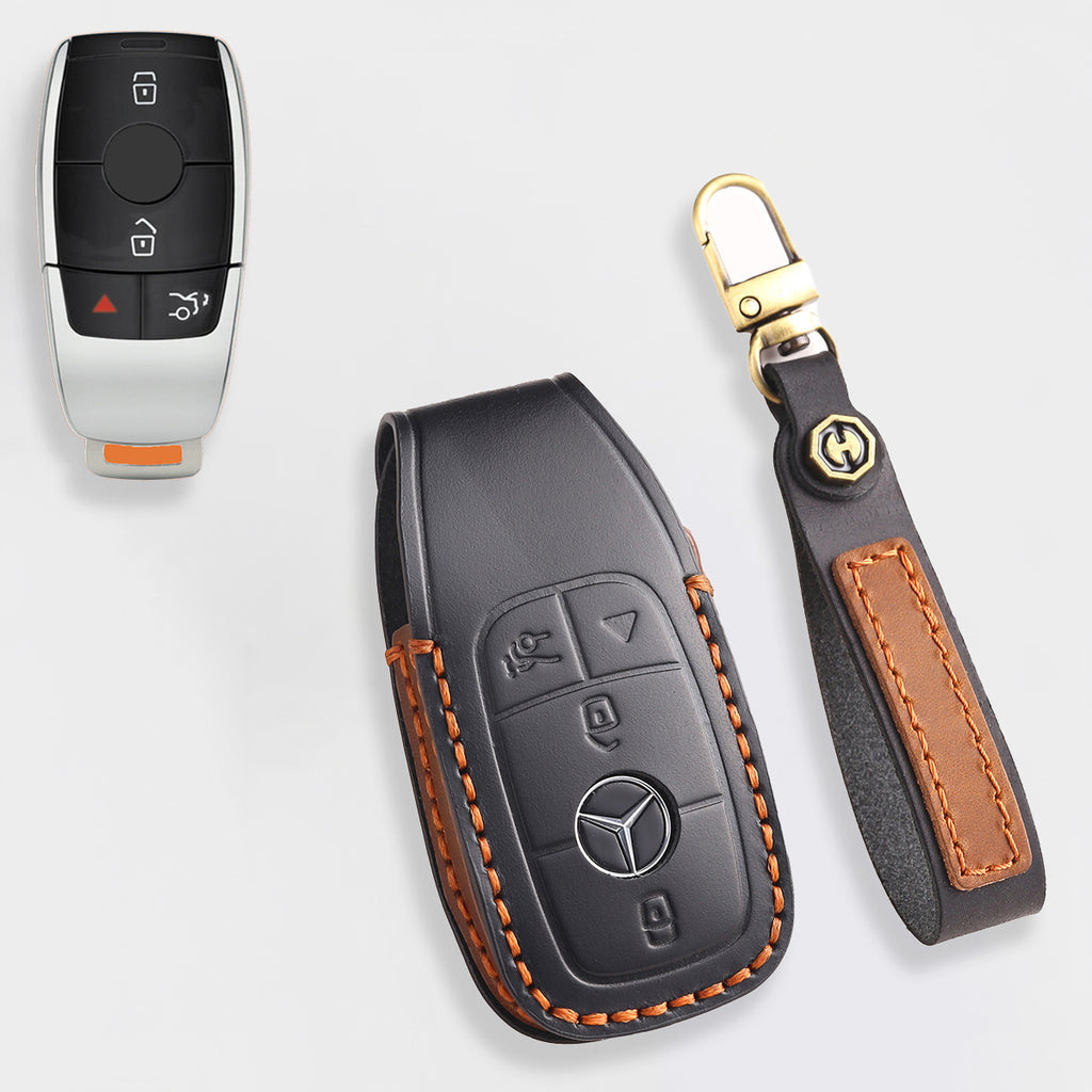 Genuine Leather Key Fob Cover for Mercedes-Benz C-Class, G-Class, E-Class, GLK, R350, GL, and GLC Models