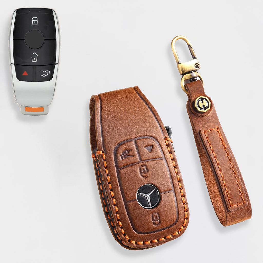 Genuine Leather Key Fob Cover for Mercedes-Benz C-Class, G-Class, E-Class, GLK, R350, GL, and GLC Models