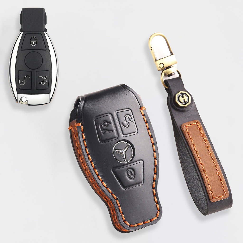 Genuine Leather Key Fob Cover for Mercedes-Benz C-Class, G-Class, E-Class, GLK, R350, GL, and GLC Models