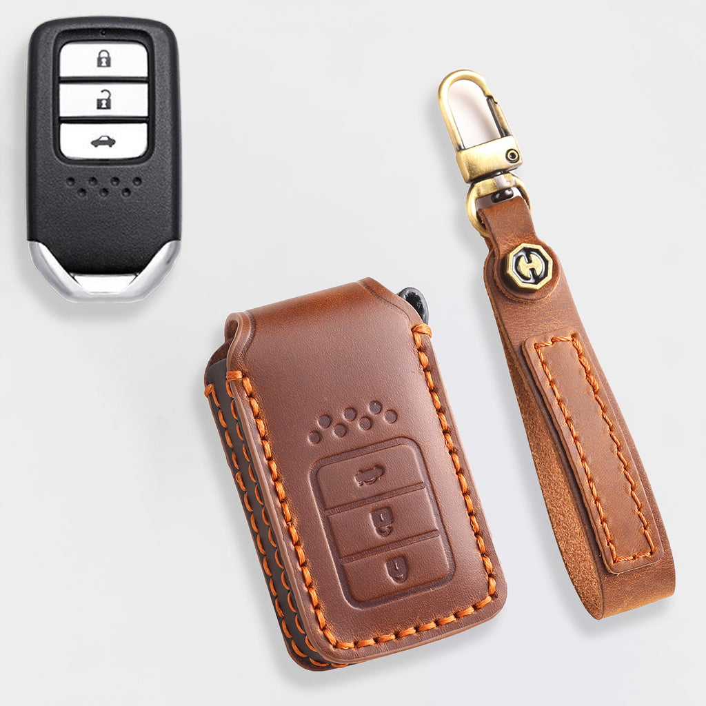 Genuine Leather Key Cover for Honda Civic, Accord, CR-V, Pilot, HR-V - 2 to 7 Button Case / Fits Odyssey, Passport, Insight