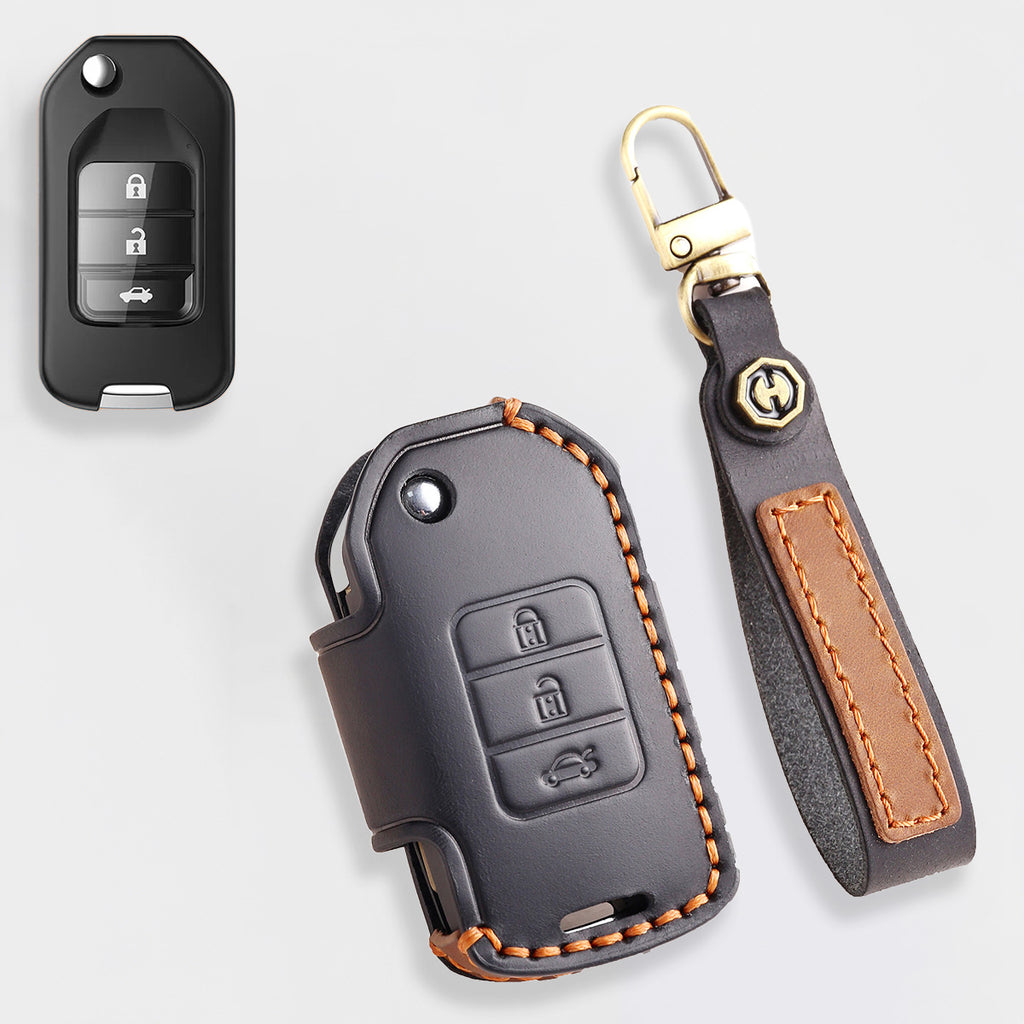 Genuine Leather Key Cover for Honda Civic, Accord, CR-V, Pilot, HR-V - 2 to 7 Button Case / Fits Odyssey, Passport, Insight
