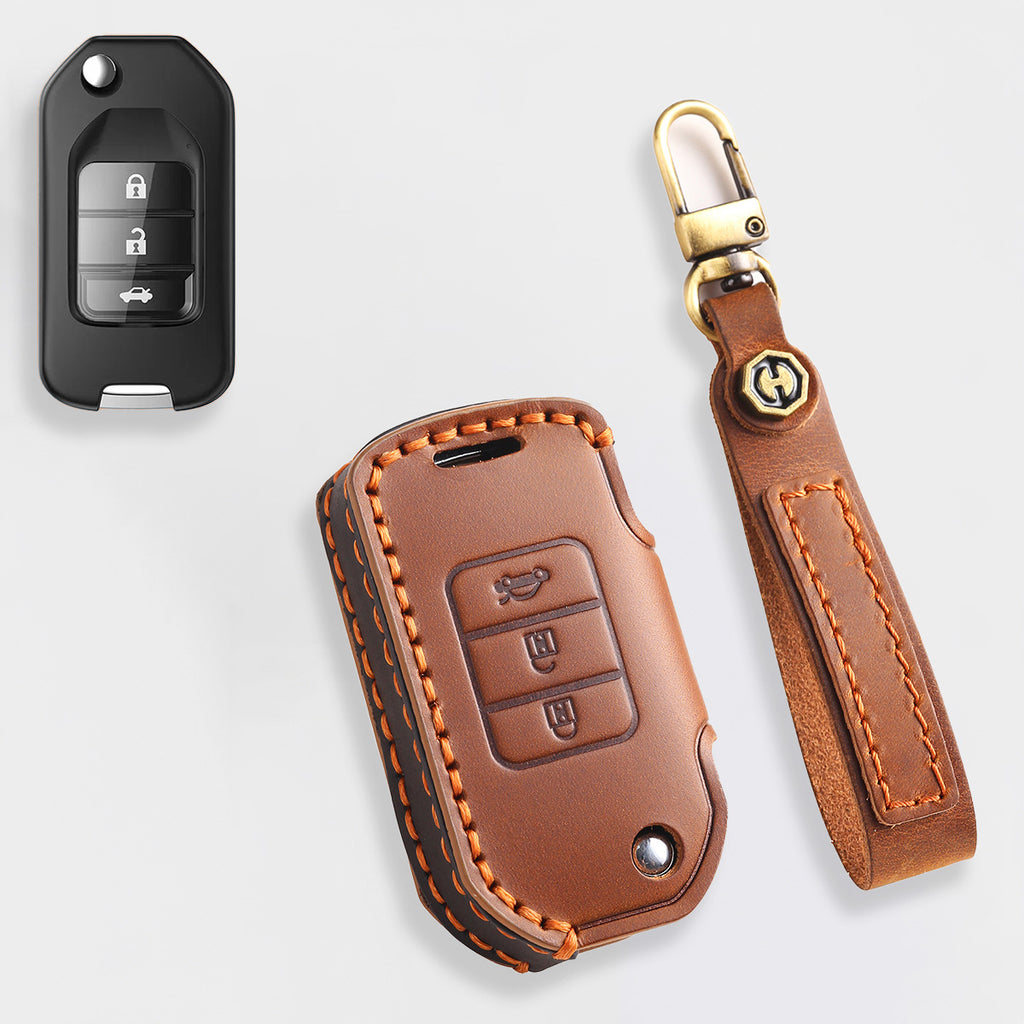 Genuine Leather Key Cover for Honda Civic, Accord, CR-V, Pilot, HR-V - 2 to 7 Button Case / Fits Odyssey, Passport, Insight