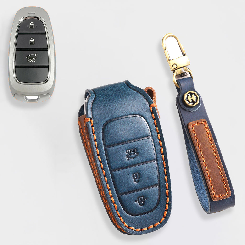 Genuine Leather Key Fob Cover for Hyundai Sonata, Santa Fe, Tucson, Palisade, - 3/4/5/6/7 Button Protective Case