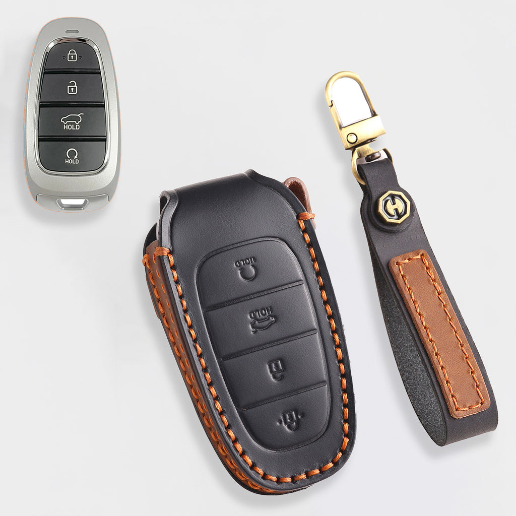 Genuine Leather Key Fob Cover for Hyundai Sonata, Santa Fe, Tucson, Palisade, - 3/4/5/6/7 Button Protective Case