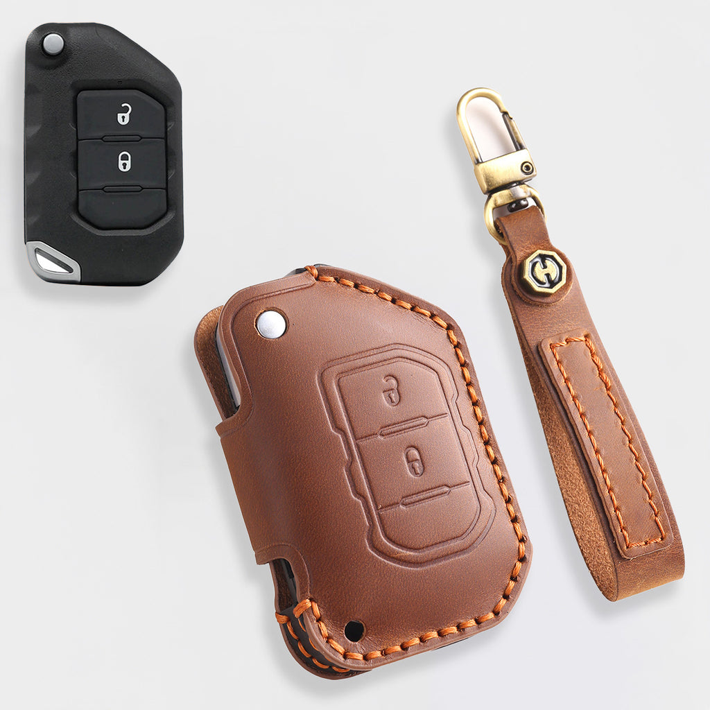 Genuine Leather Key Fob Cover for Jeep Wrangler & Gladiator (2018-2024) - 2 or 4 Button Brown Protective Case Fits Sahara/Rubicon