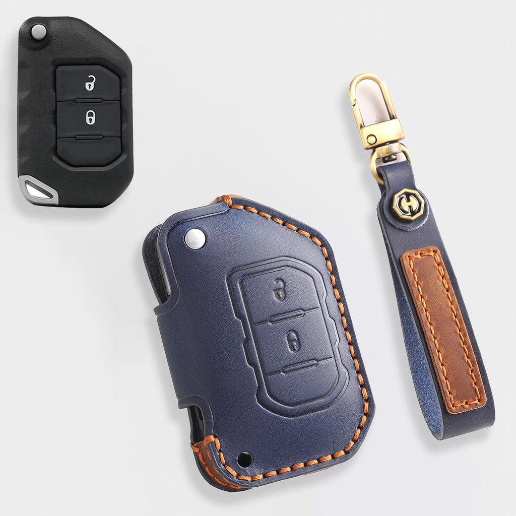 Genuine Leather Key Fob Cover for Jeep Wrangler & Gladiator (2018-2024) - 2 or 4 Button Brown Protective Case Fits Sahara/Rubicon