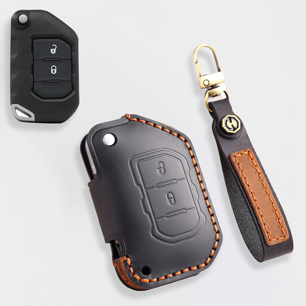 Genuine Leather Key Fob Cover for Jeep Wrangler & Gladiator (2018-2024) - 2 or 4 Button Brown Protective Case Fits Sahara/Rubicon