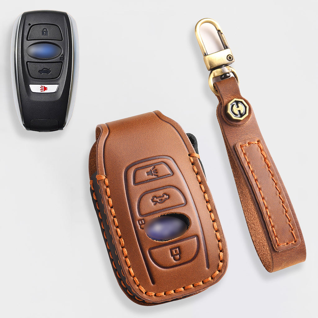 Genuine Leather Key Fob Cover for Subaru Outback, Forester, Impreza, Legacy, and XV (3, 4-Button)