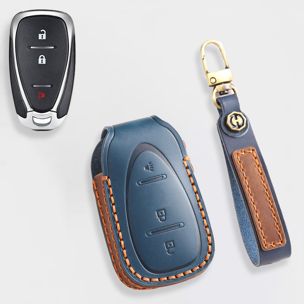 Handmade Leather Key Cover for Chevrolet Silverado Tahoe Camaro Equinox - 3/4/5/6 Button Case (Fits 2016-2024)