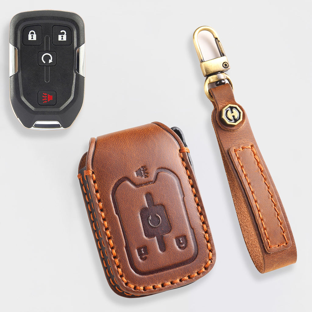 Handmade Leather Key Cover for Chevrolet Silverado Tahoe Camaro Equinox - 3/4/5/6 Button Case (Fits 2016-2024)
