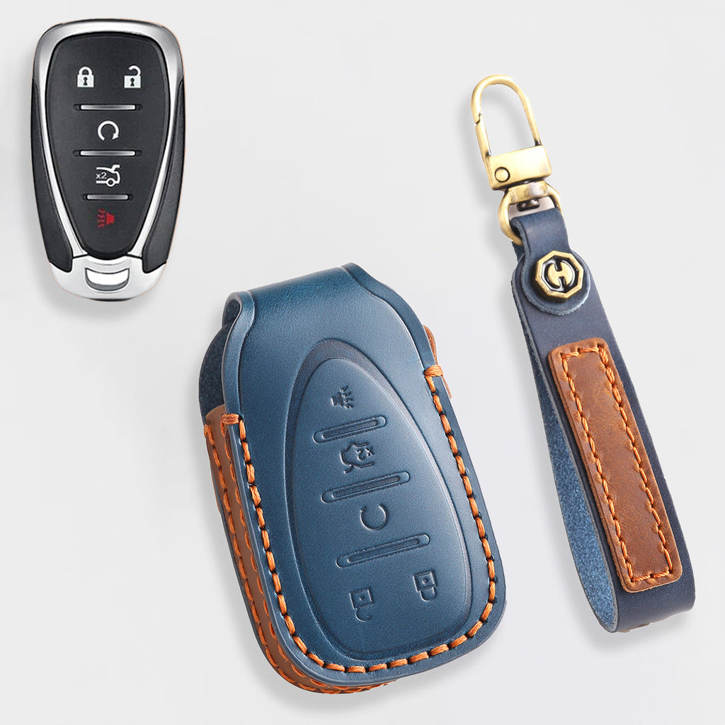 Handmade Leather Key Cover for Chevrolet Silverado Tahoe Camaro Equinox - 3/4/5/6 Button Case (Fits 2016-2024)