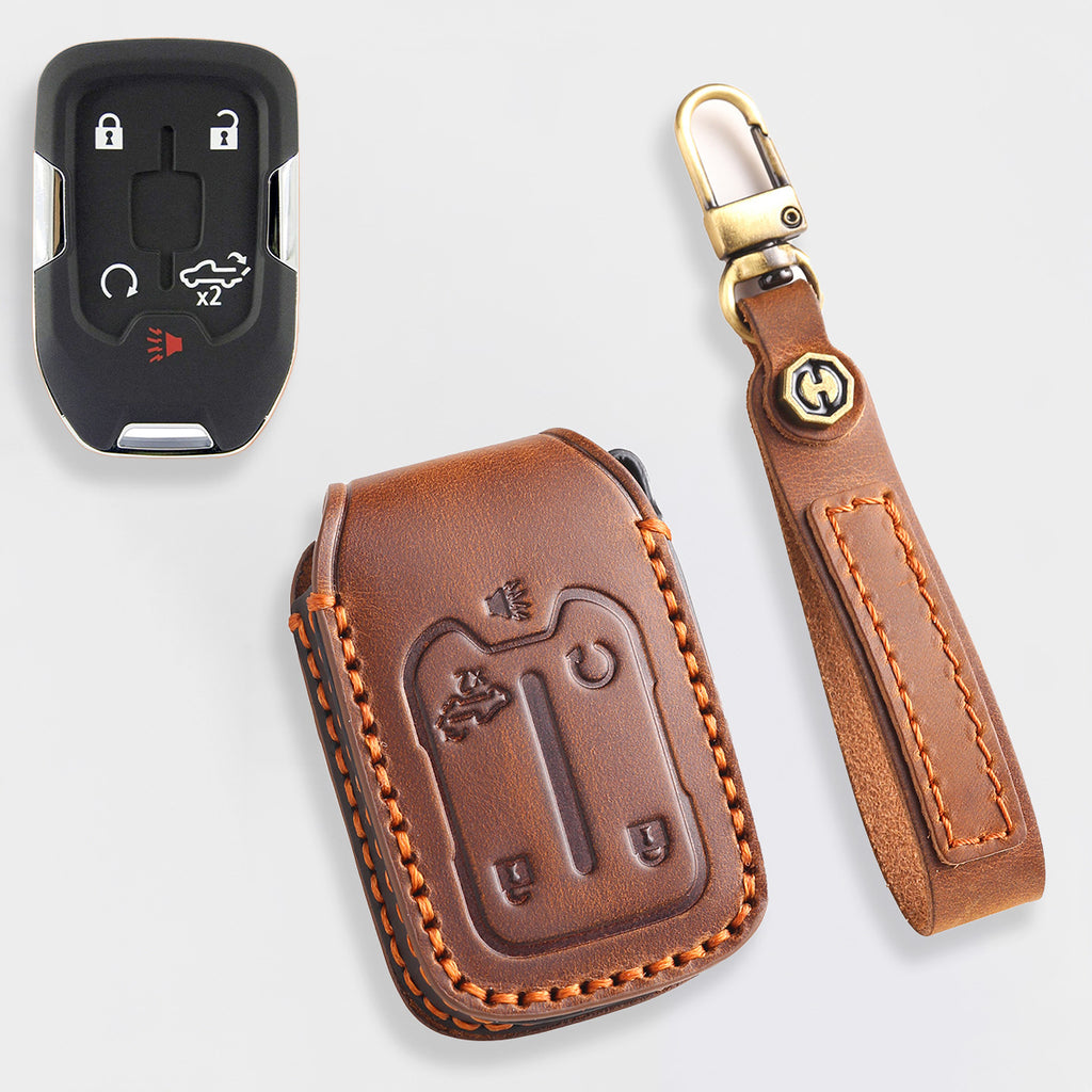 Handmade Leather Key Cover for Chevrolet Silverado Tahoe Camaro Equinox - 3/4/5/6 Button Case (Fits 2016-2024)