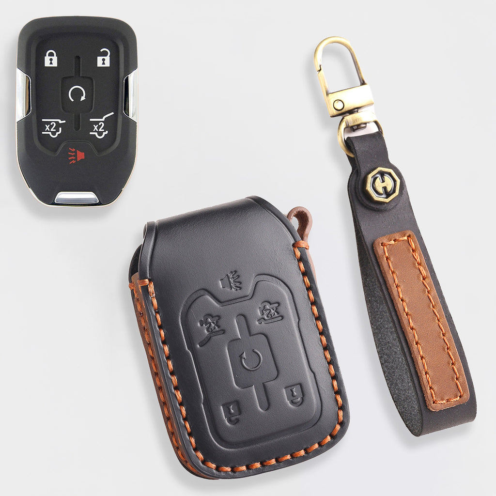 Handmade Leather Key Cover for Chevrolet Silverado Tahoe Camaro Equinox - 3/4/5/6 Button Case (Fits 2016-2024)