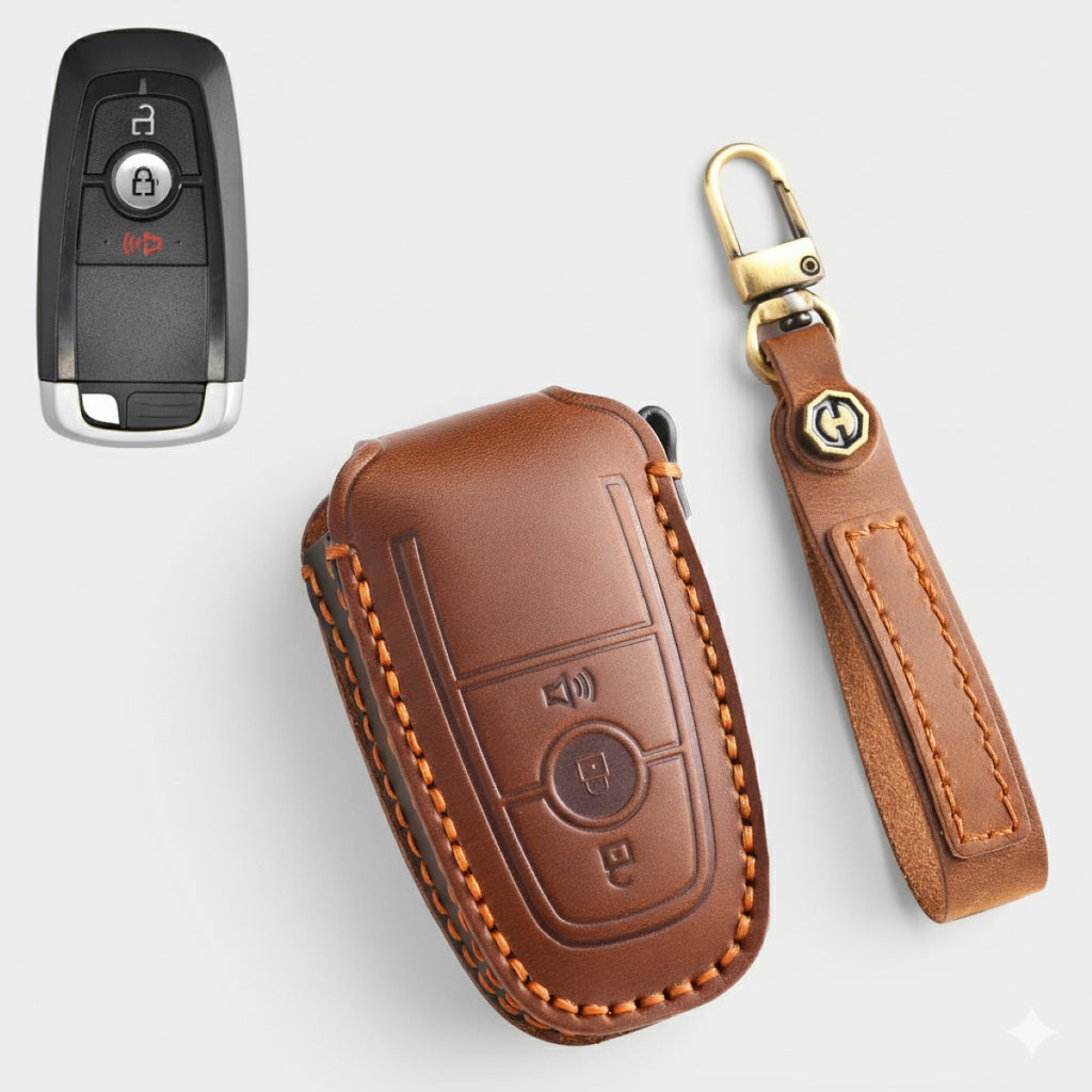 Premium Leather Key Fob Cover for Ford F150 F250 Mustang - Protective Case for 3/4/5 Button Remotes (Fits Bronco/Ranger/Edge)